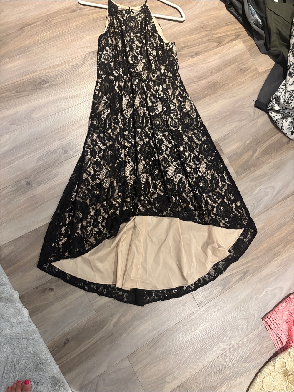 Black Lace High-Low Evening Dress with Nude Lining